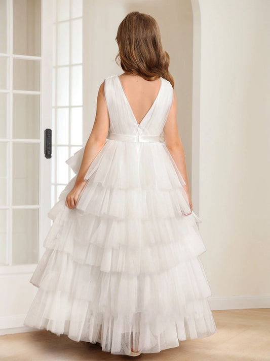 Elegant A Line V Neck Sleeveless V Back Floor Length Flower Girl Dress
