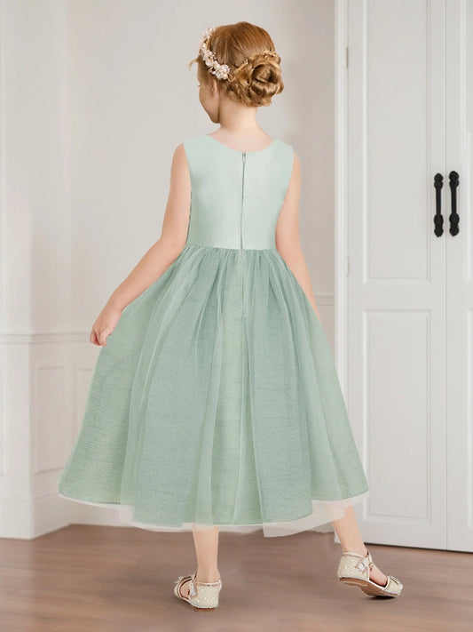 Elegant A Line Round Neck Sleeveless Closed Back Tea Length Flower Girl Dress