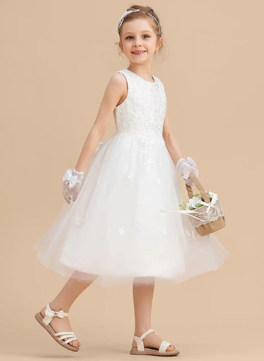 Elegant A Line Round Neck Sleeveless Bow Back Tea Length Flower Girl Dress