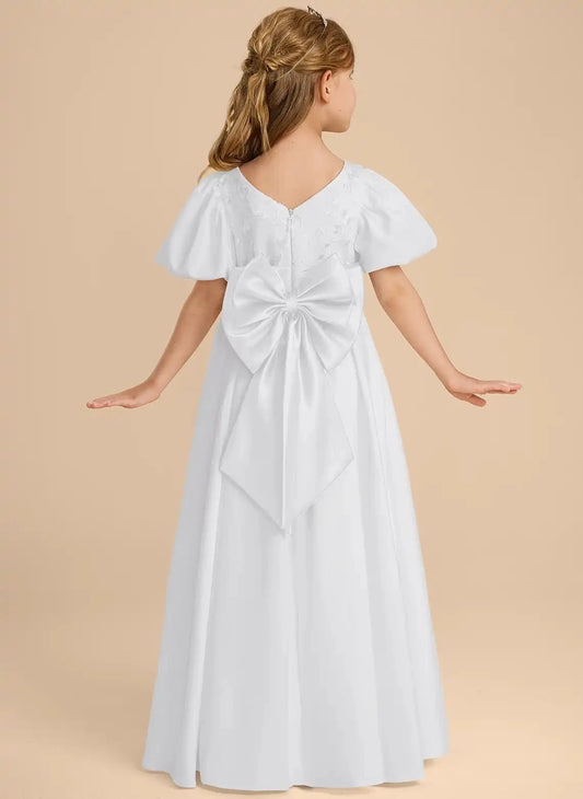 Elegant A Line Round Neck Flutter Sleeve Bow Back Floor Length Communion Dress