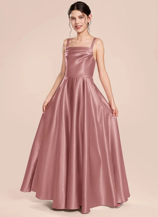 Elegant A Line Square Neck Sleeveless Low Back Floor Length Bridesmaid Dress