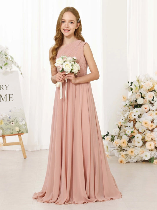 Elegant A?Line One?Shoulder Sleeveless Asymmetric Back Floor?Length Junior Bridesmaid Dress
