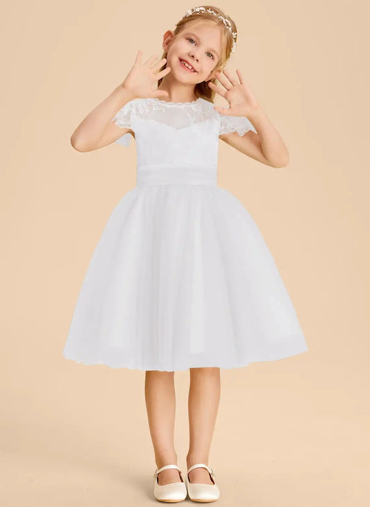 Elegant A?Line Bateau Cap Sleeve Keyhole Back Knee Length First Communion Dresses