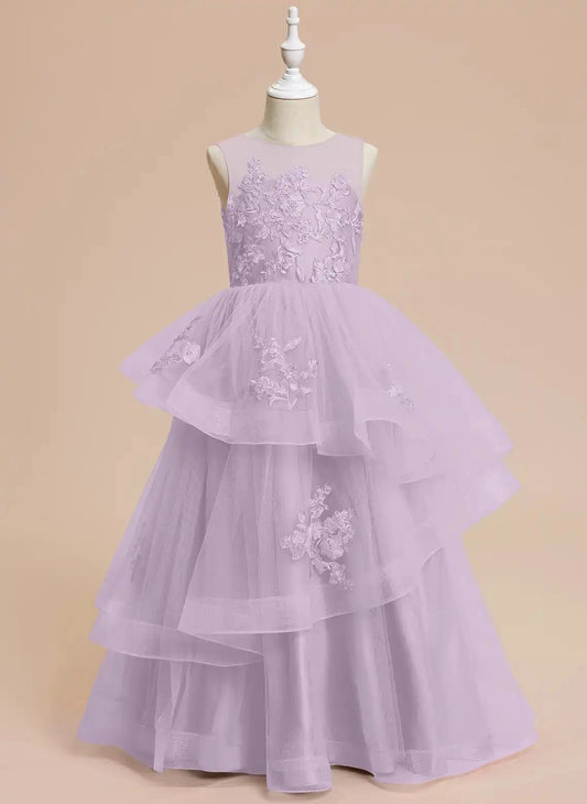 Elegant A Line Illusion Round Sleeveless Zipper Back Floor Length Flower Girl Dress