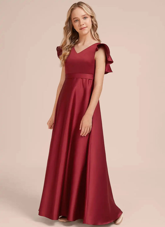Elegant A?Line V?Neck Ruffle Sleeve Crisscross Back Floor?Length Junior Bridesmaid Dress