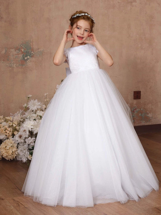 Elegant A?Line Round Neck Short Sleeve Zipper Back Floor Length First Communion Dress