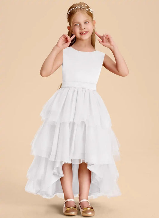 Elegant A Line Round Neck Sleeveless V Back High Low Flower Girl Dress