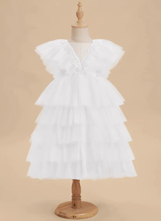 Romantic A-Line V-Neck Flutter Sleeve V-Back Midi Flower Girl Dress