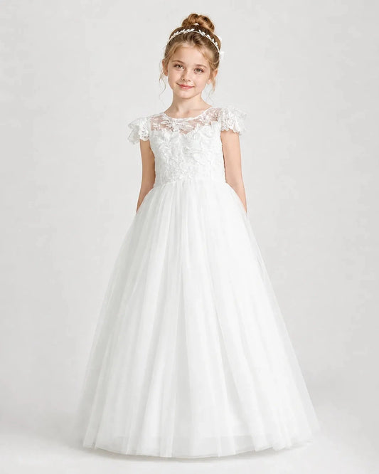 Elegant A Line Round Neck Cap Sleeve Bow Back Floor Length Communion Dress