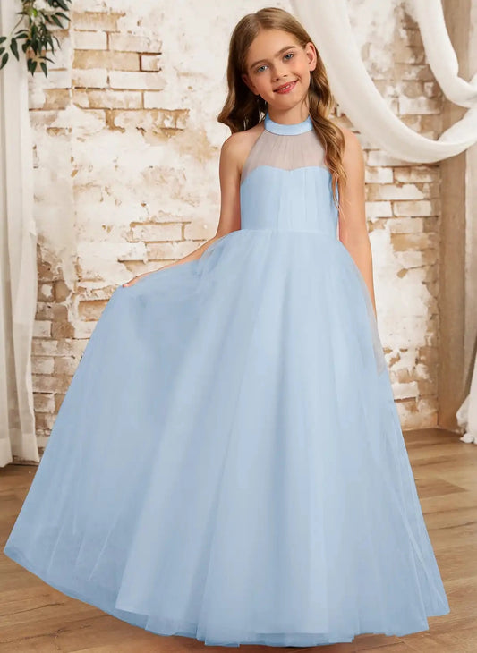 Elegant A Line Illusion Halter Sleeveless Bow Back Floor Length Flower Girl Dress