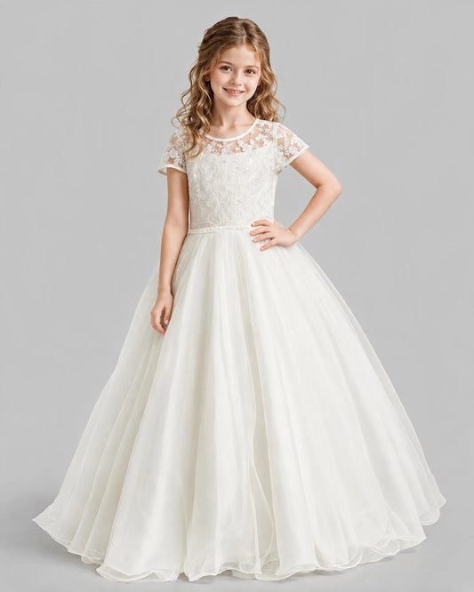 Elegant Ball Gown Round Neck Short Sleeve Bow Back Floor Length Communion Dress