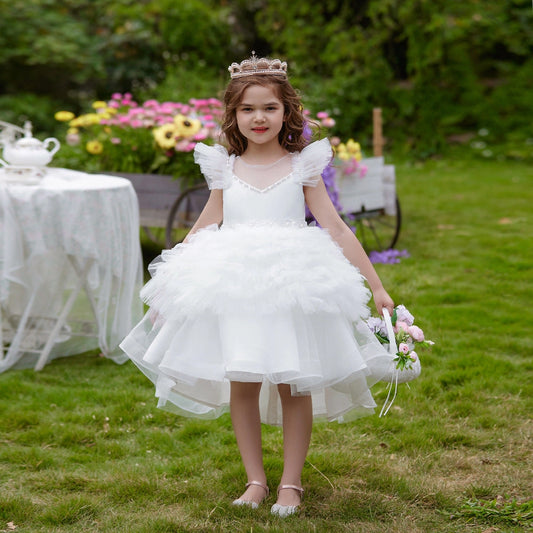 Elegant High Low Ball Gown Illusion Neck Ruffle Sleeve Bow Back Hi?Lo First Communion Dress