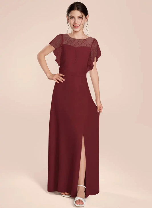 Elegant A-Line Round Neck Flutter Sleeve Keyhole Back Maxi Formal Dress