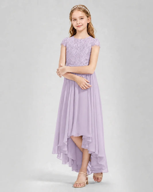 Elegant A Line Round Neck Cap Sleeve Keyhole Back High Low Dress Wedding