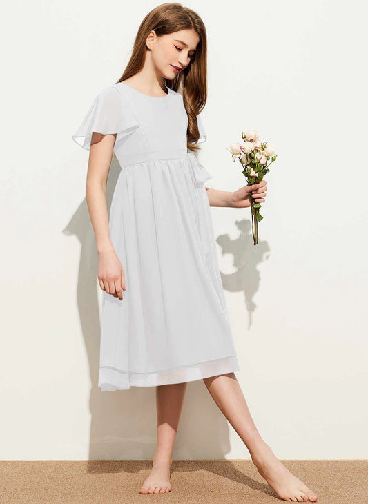Elegant A Line Round Neck Flutter Sleeve Zip Back Midi Junior Bridesmaid Dress