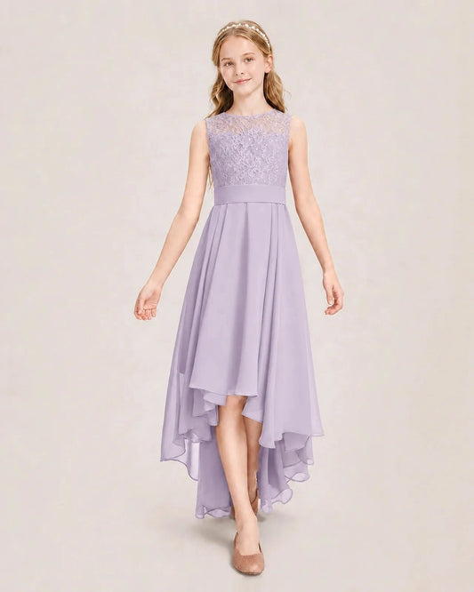 Elegant A Line Round Neck Sleeveless Bow Back High Low Bridesmaid Dress