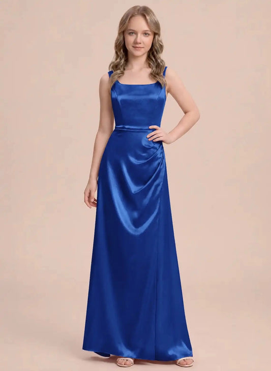 Elegant A-Line Square Neck Sleeveless Cutout Back Floor Length Girls Formal Dress