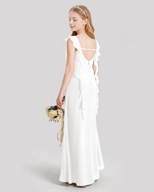 Elegant A Line Square Neck Ruffle Sleeve V Back Maxi Junior Bridesmaid Dress