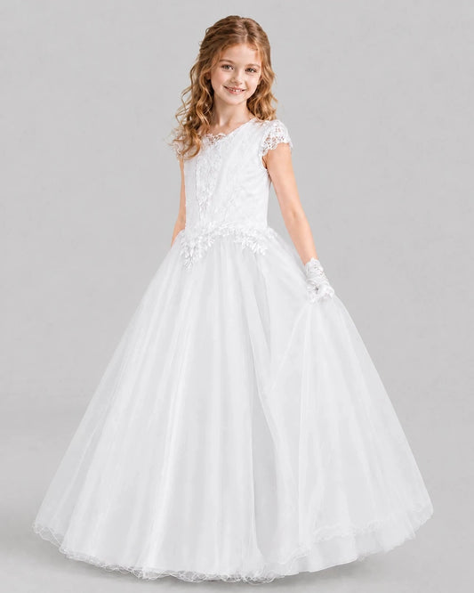Elegant Ball Gown Round Neck Short Sleeve Bow Back Floor Length Communion Dress