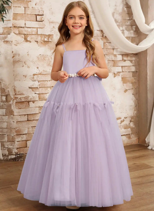 Elegant A Line Square Neck Spaghetti Strap Bow Back Floor Length Flower Girl Dress