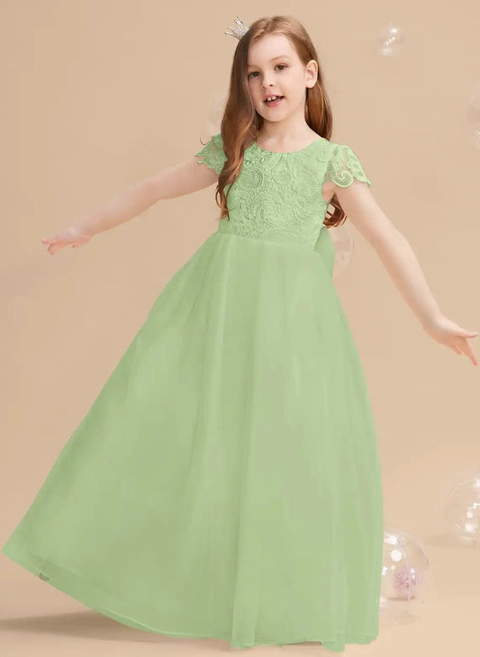Elegant A Line Round Neck Lace Sleeve Bow Back Floor Length Flower Girl Dress