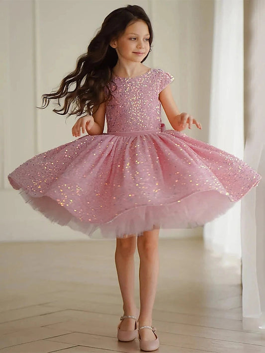 Heowos pink sequin cap sleeve flower girl gown, round neck knee?length birthday party dress