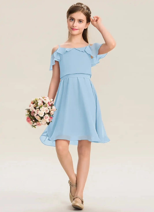 Elegant A Line Spaghetti Strap Cold Shoulder Tie Back Knee Length Junior Bridesmaid Dress
