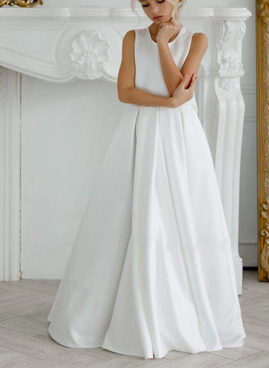 Classic A?Line Round Neck Sleeveless Lace?Back Floor?Length Flower Girl Dress