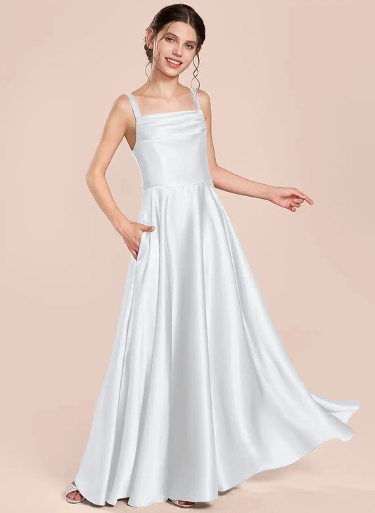 Elegant A Line Square Neck Sleeveless Low Back Floor Length Bridesmaid Dress