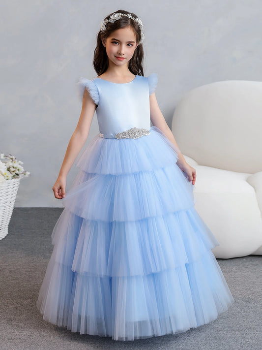 Elegant Ball Gown Round Neck Ruffle Sleeve V Back Floor Length Flower Girl Dress