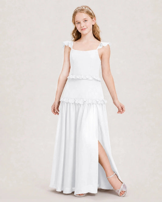 Elegant A-Line Square Neck Ruffle Sleeve Square Back Floor-Length Junior Bridesmaid Dress