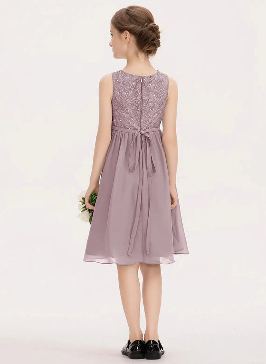 Elegant A Line Round Neck Sleeveless Tie Back Knee Length Junior Bridesmaid Dress