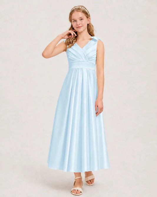 Elegant A Line V Neck Sleeveless V Back Tea Length Bridesmaid Dress