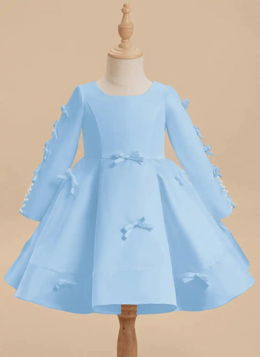 Elegant A Line Round Neck Long Sleeve Zip Back Knee Length Flower Girl Dress