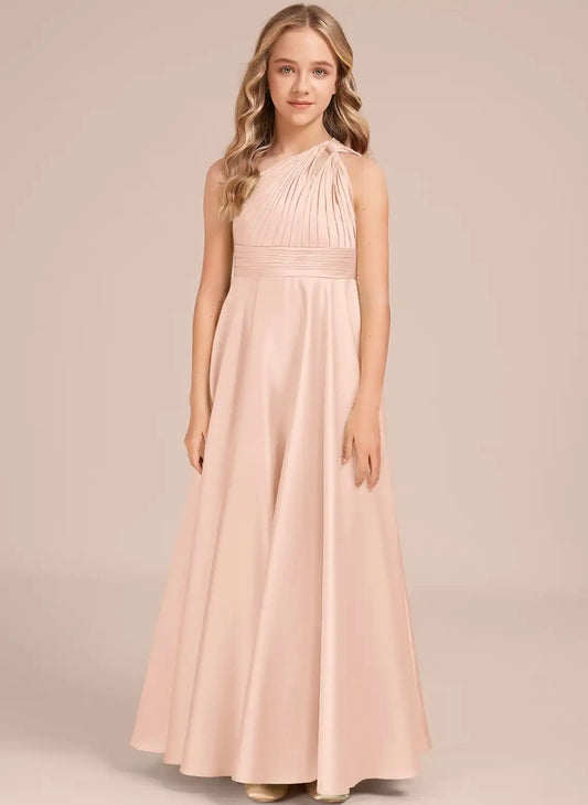 Elegant A Line One Shoulder Sleeveless Covered Back Maxi Junior Bridesmaid Dress