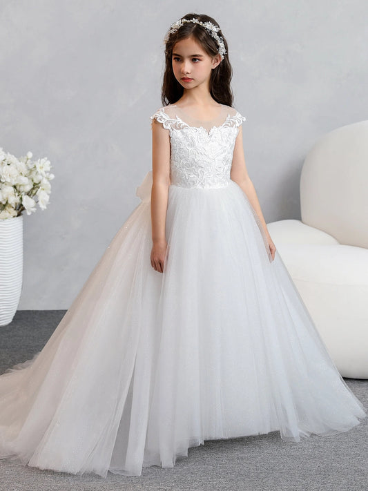 Elegant Ball Gown Illusion Neck Cap Sleeve Illusion Back Train First Communion Dress
