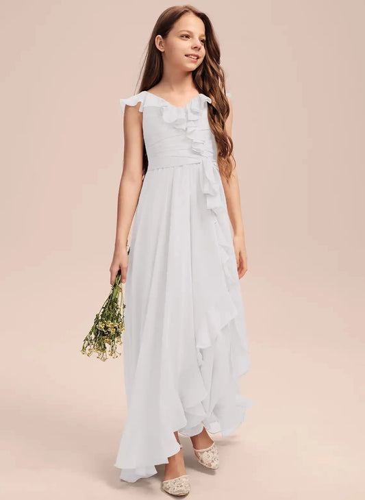 Elegant A Line V Neck Flutter Sleeve Square Back Maxi Girls Dress