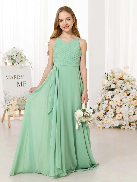 Elegant A?Line V?Neck Sleeveless Tie Back Floor?Length Junior Bridesmaid Dress