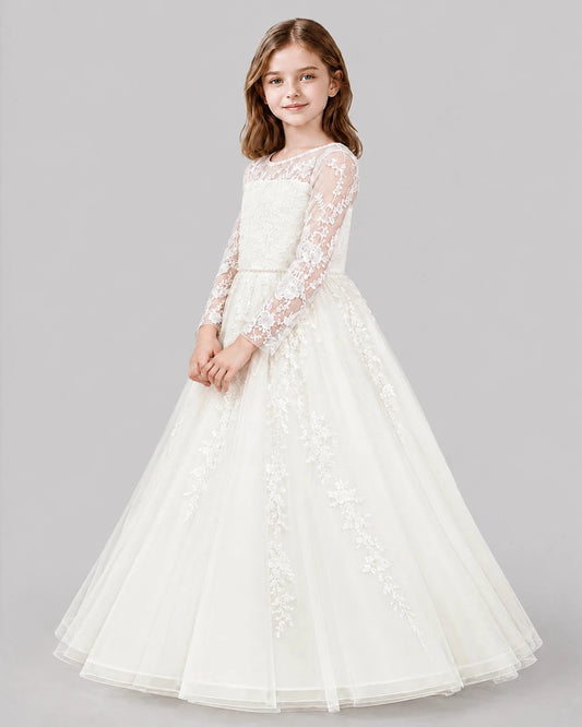 Elegant Ball Gown Round Neck Long Sleeve Bow Back Floor Length Flower Girl Dress
