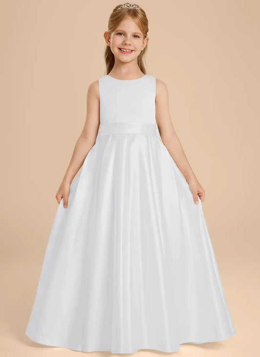 Elegant A Line Round Neck Sleeveless Floral Back Floor Length Flower Girl Dress
