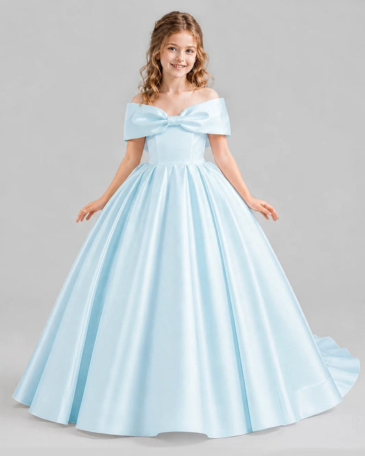 Elegant Ball Gown Off Shoulder Short Sleeve Bow Back Floor Length Wedding Dress