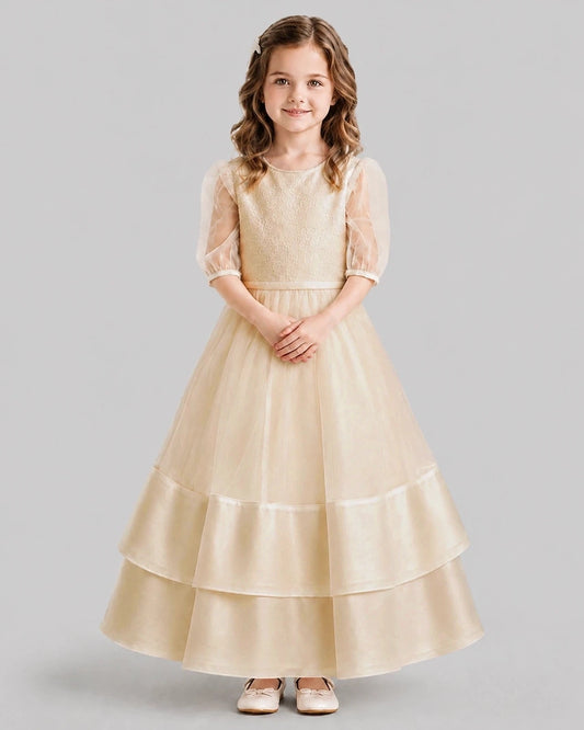 Elegant A Line Round Neck Puff Sleeve Bow Back Long Communion Dress