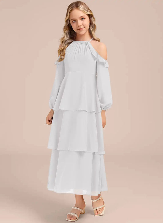 Elegant A Line Halter Cold Shoulder Zip Back Maxi Girls Dress Junior Bridesmaid Dresses