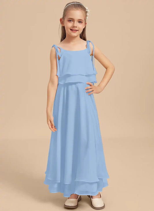 Elegant A Line Square Neck Tie Strap Low Back Maxi Junior Bridesmaid Dress