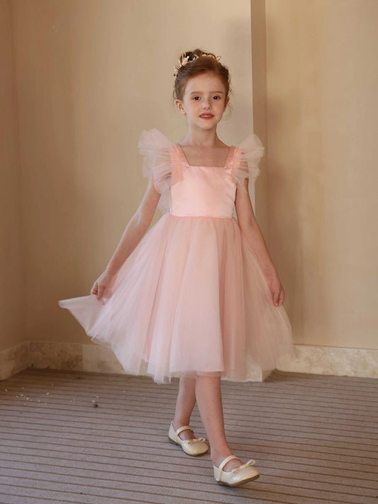 Dreamy A-Line Square Neck Ruffle Sleeve Bow Back Knee-Length Flower Girl Dress