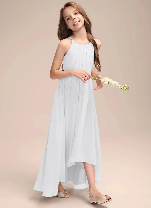 Elegant A Line Halter Sleeveless Criss Cross Back High Low Junior Bridesmaid Dress