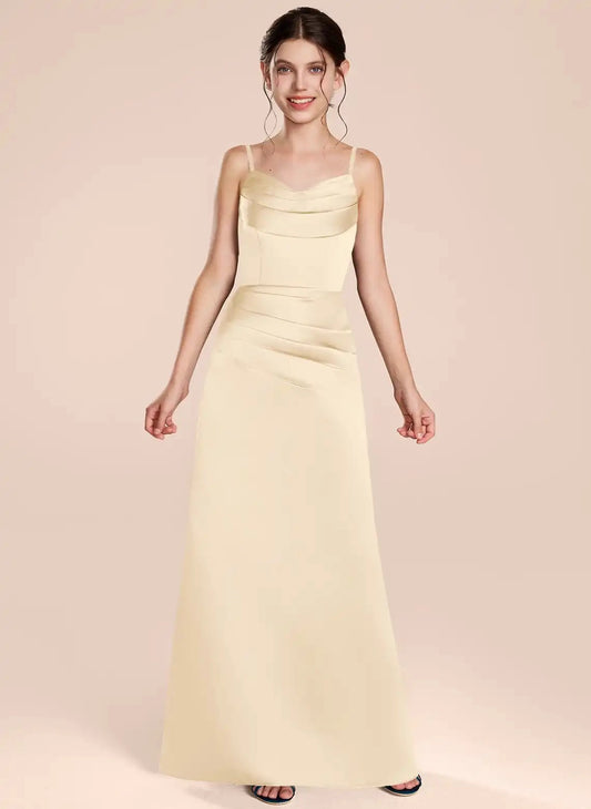 Elegant A Line Cowl Neck Spaghetti Strap Bow Back Floor Length Junior Bridesmaid Dress