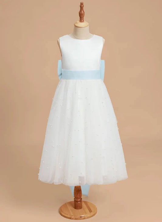 Elegant A Line Jewel Neck Sleeveless V Back Tea Length Flower Girl Dress