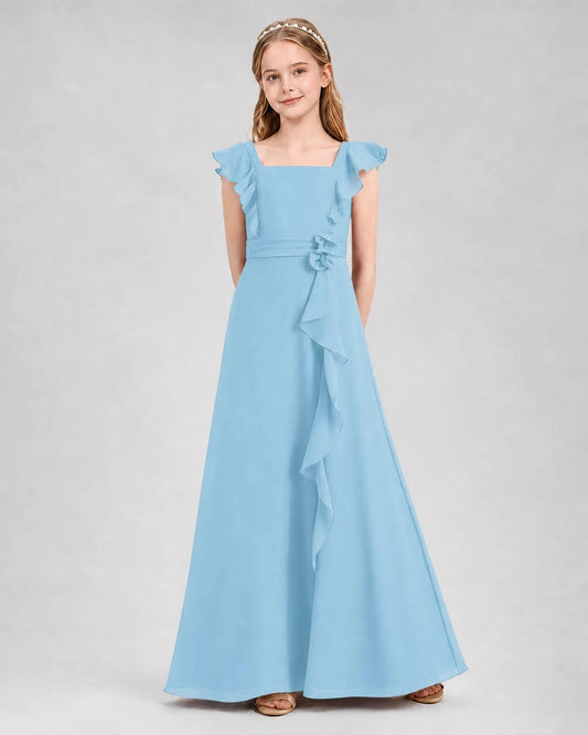 Elegant A Line Square Neck Flutter Sleeve Square Back Maxi Dress Wedding