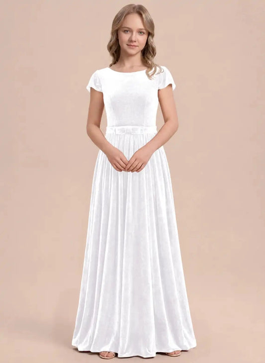 Elegant A Line Round Neck Short Sleeve V Back Maxi Girls Dress